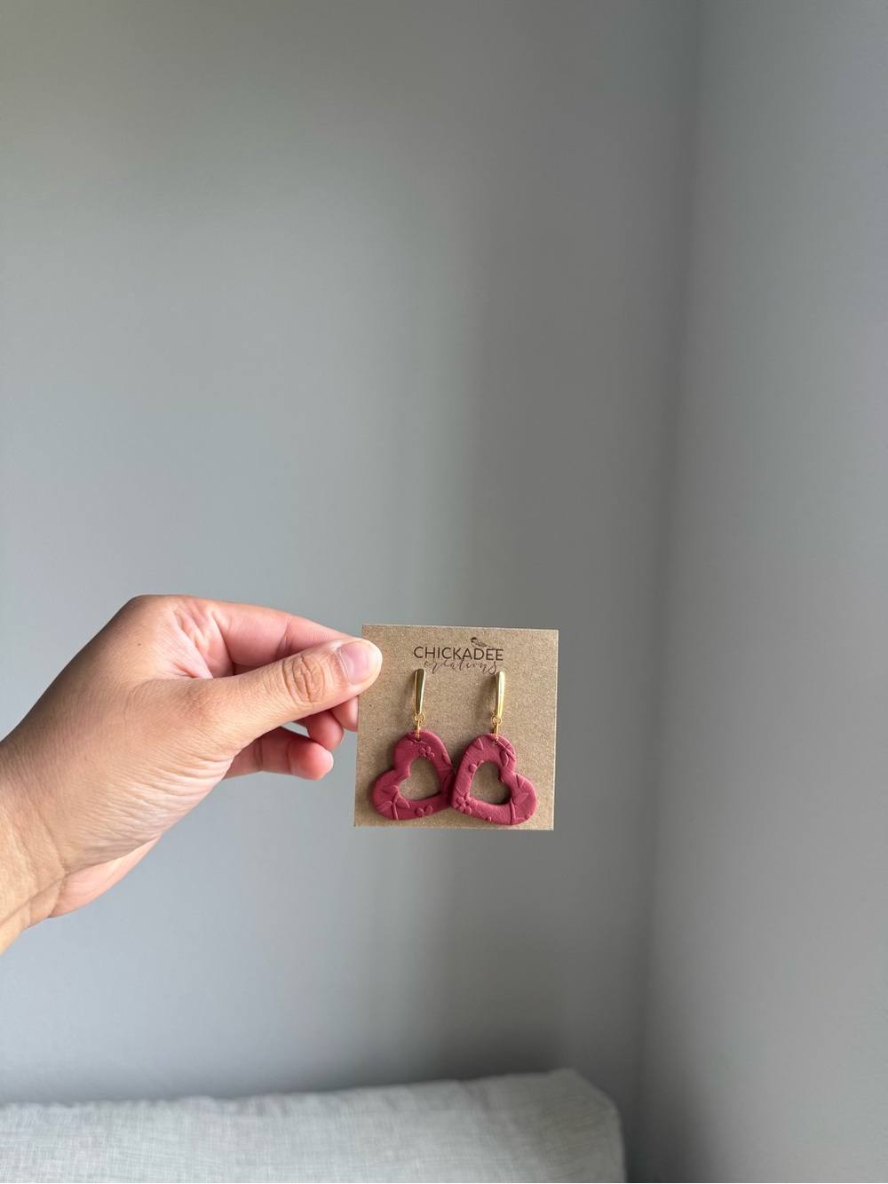 Handmade Clay Heart Drop Earrings - Pink